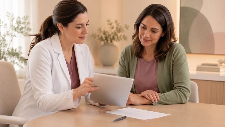 Médica e paciente analisando exames juntas durante a consulta