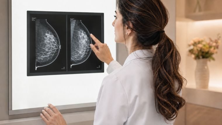 Médica avaliando imagens de mamografia no negatoscópio